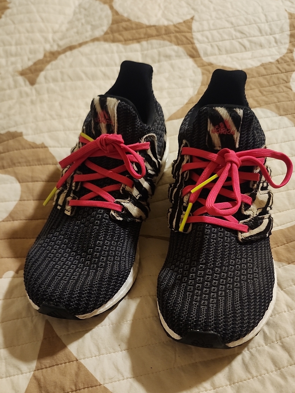 adidas Women's Black Knit Athletic Shoes with Pink Laces and Cream Zebra Accents